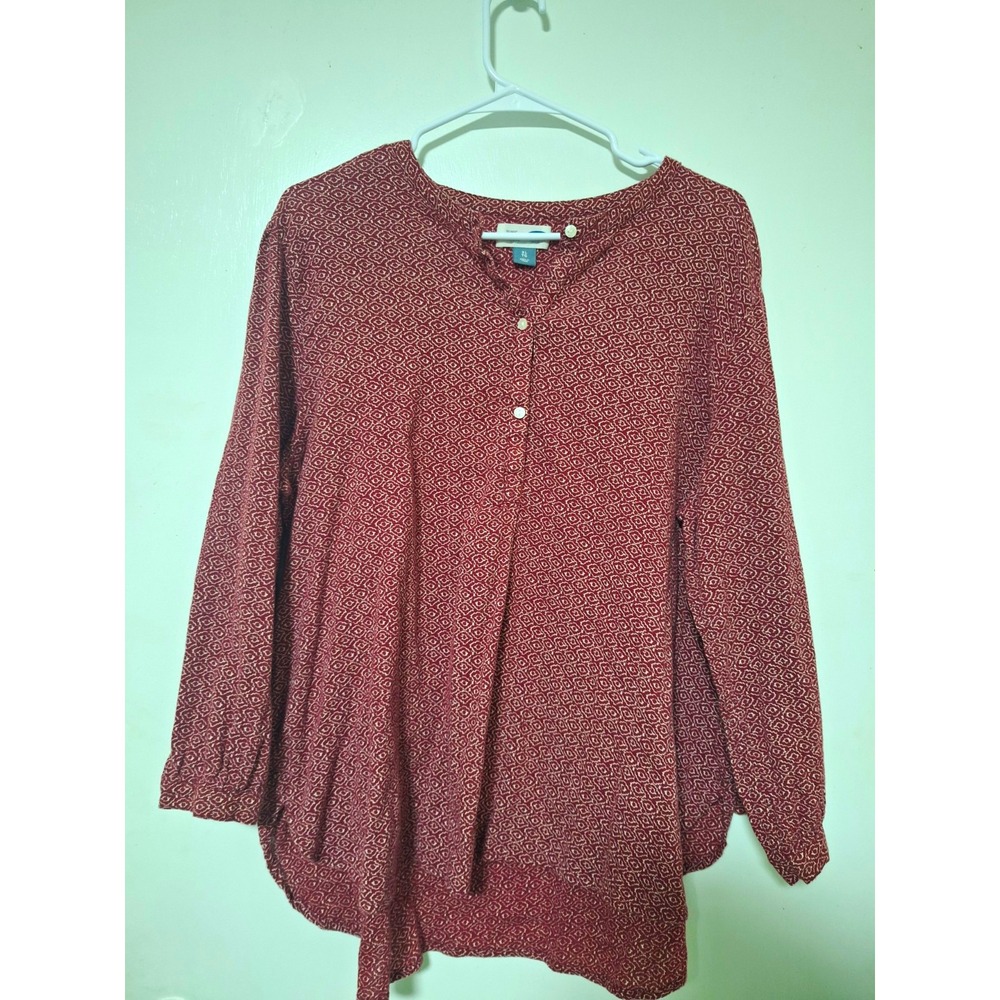 Old Navy Womens XL Red Geo Print Tunic Shirt Long Sleeve 100% Cotton Henley